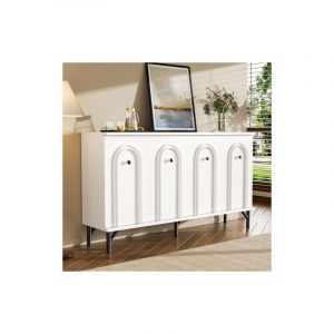 Buffet de salon, buffet blanc avec 4 portes panneau incurv&eacute; 3D, &eacute;tag&egrave;res r&eacute;glables, poign&eacute;es noires et pieds en pvc, pour salon, cuisine, couloir