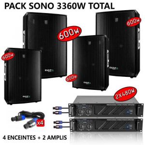 Ibiza Sound Pack Sono Dj 3360W Total 4 Enceintes 3 Voies 4 X 600W - 2 amplis 2 X 240W - Câblage - Idéal soirée Anniversaire Bar Club