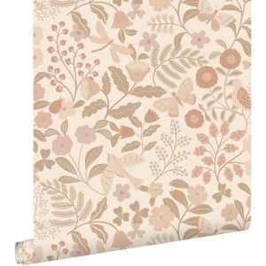 Estahome - papier peint fleurs et oiseaux beige et rose clair