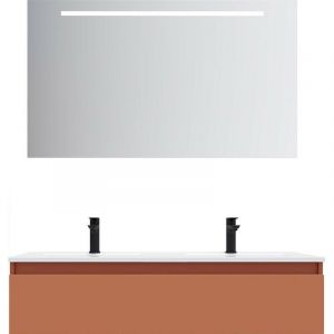 Meuble de salle de bain suspendu double vasque int&eacute;gr&eacute;e 120cm 1 tiroir Terracotta + miroir - Hudson