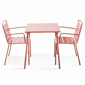 Oviala Palavas - Table de jardin carr&eacute;e et 2 fauteuils acier argile - Rose