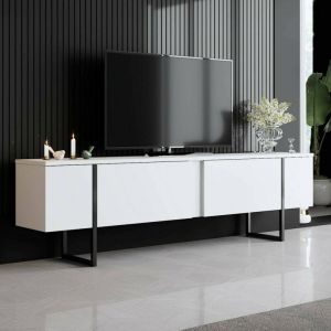 Dmora - Meuble TV Centaurus, Buffet de salon, Armoire basse pour TV, Base murale de rangement, 180x30h50 cm, Blanc et Noir, avec emballage renforcé