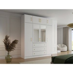 Vente-unique - Armoire 4 portes et 3 tiroirs - Avec miroirs - L196 cm - Blanc + Réhausse - lizandro