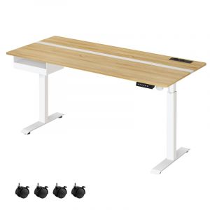 Bureau &eacute;lectrique r&eacute;glable en hauteur 70 x 160 cm bois clair et blanc