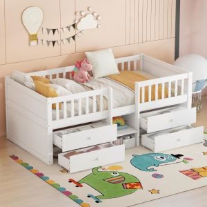 Fortuna Lai - Lit mezzanine enfant 90x200cm - Lit mi-hauteur avec 4 tiroirs, balustrade, échelle - sans matelas - bois de pin blanc