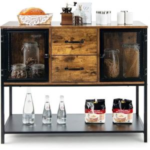GOPLUS Buffet de Cuisine 2 Tiroirs&2 Portes en Maille&1 Etagère Ouverte-100x35x85cm Charge 100kg-Style Industriel Marron
