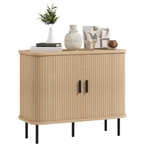 Homcom Buffet style scandinave 2 portes coulissantes 4 compartiments acier noir aspect bois clair