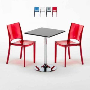 Grand Soleil Table carré et Ronde avec 2 chaises colorées pour intérieur bar café GHOST | B-Side Rouge transparent - Noir - Carré