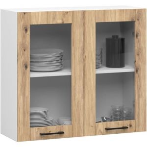 Vitrine de cuisine Akord oliwia W80 H720 Blanche 80 cm 2 portes façade Chêne Artisan 2 étagères 80x30,5x72 cm