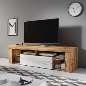 Meuble TV en bois "Everest" à 1 porte + 4 niches avec LED - Beige/Blanc brillant - L 140 cm