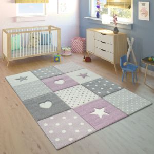 Paco Home - Tapis Chambre Enfant Bebe Fille Garcon Coeur Pois Etoile 3D Violet Gris Cr&egrave;me 200 cm rond