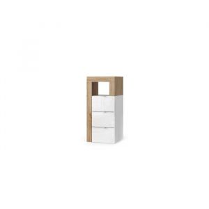 Commode 3 tiroirs large 35cm, collection BURA. Coloris blanc brillant laqué et chêne clair