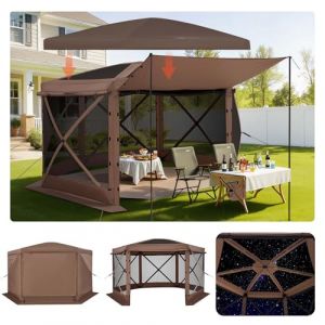 VEVOR Tente Moustiquaire Tonnelle Pop-up 3,6x3,6 m Tente Moustiquaire Pliante 8-10 Personnes Abri Solaire 6 C&ocirc;t&eacute;s pour Camping en Famille Terrasse Jardin avec Toit Amovible, Sac de Transport, Marron