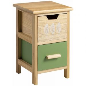 Idimex Table de chevet enfant esta petite commode en bois de paulownia naturel, 2 tiroirs vert et naturel aux motifs feuilles - Naturel, Vert