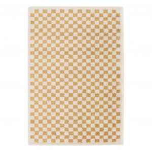Sweeek Tapis intérieur shaggy poils longs 120x170cm damier jaune moutarde et crème