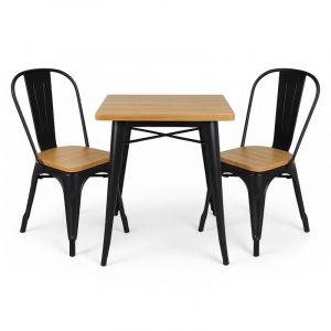 Kosmi Ensemble Table et Chaises Style Industriel, Métal Noir Mat et Bois Naturel, 60x60cm - Design Factory