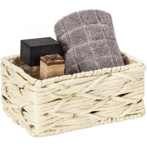 Wenko Boîte de rangement Vabriano, petit panier en papier tressé, pour la salle de bain et le bureau, avec tiges métalliques stabilisatrices, 19 x 9 x 14 cm, style boho branché, beige