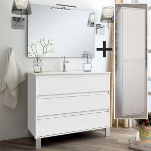 Ensemble meuble de salle de bain 100cm simple vasque + colonne de rangement - blanc - iris