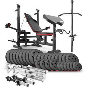 Hop-Sport Ensemble d'haltères 173 kg et Banc de Musculation Multifonction HS-1075, Pupitre de Biceps, Papillon, Poulie haute, Set de disques de poids en plastique 31 mm, Kit de Barres d'haltères