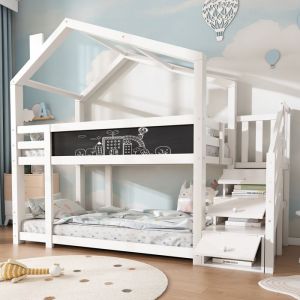 Lit superpos&eacute; 90x200 cm en bois avec garde-corpslit mezzanine escalier avec rangement et lit cabane pour 2 enfants - Blanc