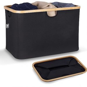 HENNEZ Panier à linge pliable 60 l noir - Panier à linge en tissu avec bord en bambou - Panier à linge pliable et plat - Panier à linge portable