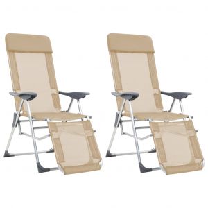 VidaXL Chaises de camping pliantes et repose-pied 2pcs cr&egrave;me textil&egrave;ne