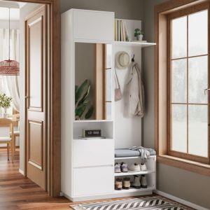 Ensemble vestiaire d'entrée 90x34.5x190cm - Meuble à chaussures et un banc - Miroir et crochets - 2 portes et 1 tiroir - Blanc