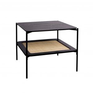 Sweeek Table basse carrée coloris noir vintage double plateaux effet bois et cannage piètement et structure en métal noir