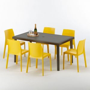 Grand Soleil Table rectangulaire 6 chaises Poly rotin resine 150x90 marron | Rome jaune