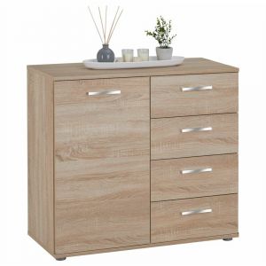 Idimex Buffet CHICAGO commode meuble de rangement en mélaminé décor chêne sonoma, avec 4 tiroirs et 1 porte