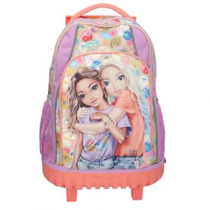 Depesche 13286 TOPModel Girl Power - Sac à dos scolaire Trolley en violet et beige, avec motif de modèle et lots colorés, sac d'école avec poignée télescopique et roulettes