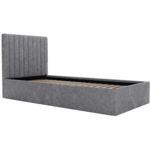 Vente-unique - Lit coffre 90 x 190 cm avec tête de lit coutures verticales - Tissu - Gris - sarah