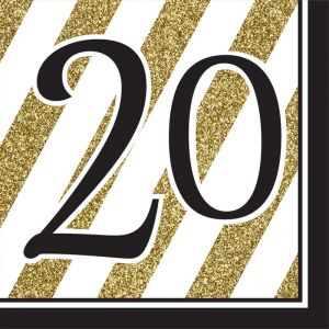 16 serviettes en papier 20 ans noir et or (33 cm)