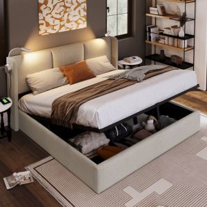 Lit 140x200 avec sommier,lit 140x200,lit coffre,lit double,lit à levier hydraulique,avec chargement usb, avec liseuse,lin,Beige