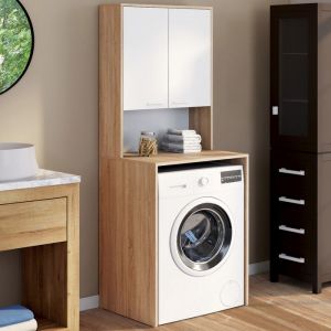 Idmarket Meuble dessus de machine &agrave; laver WALLIS avec placard bois fa&ccedil;on h&ecirc;tre et blanc