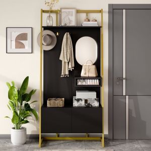 Ensemble vestiaire d'entrée 78x38,5x180,5cm - Avec miroir et crochets - Meuble à chaussures - Avec étagères - Noir