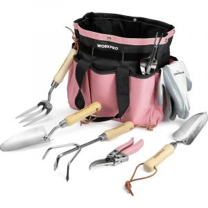 Outils de Jardinage Rose 8 Pi&egrave;ces, Ensemble de Jardinage en Acier Inoxydable Lourd avec Poign&eacute;e de Bois, S&eacute;cateur, Gants, Sarcloir, Griffe, Fourche,