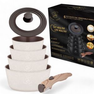 Royal swiss Set de casserole 6 pièces - Poignée amovible - avec couvercle pour tous feux + induction - Beige- sans PFOA - PFAS