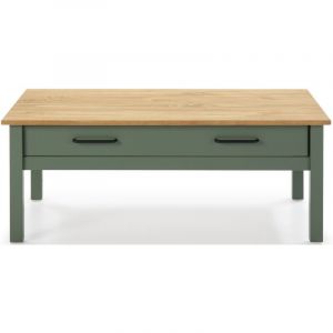 Pegane Table basse en pin massif ciré avec rangements coloris naturel/vert foncé - Longueur 100 x Profondeur 55 x Hauteur 40 cm -