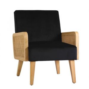 Deko and Co Fauteuil en cannage et velours noir - FA37001 - Accoudoirs - Confortable - Élégant