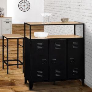 Idmarket Meuble de bar buffet ester 3 portes métal noir et plateau bois façon hêtre - Noir