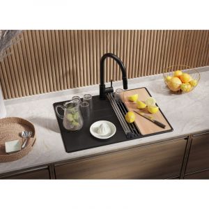 Primagran - Evier Cuisine en Granit Noir 70x50cm, Lavabo 1 bac + Kit de Vidage + Planche à Découper, Évier à Encastrer au meuble 40cm - Top de