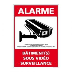 Panneau de signalisation prépercé PVC ou ALU rectangulaire + kit de fixation - Alarme, bâtiment(s) sous vidéo surveillance - ALU 2 mm - 210 x 300 mm