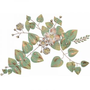 D&eacute;coshop26 D&eacute;coration murale fleurs et feuilles en m&eacute;tal vert cr&egrave;me-or blanc 70x4x69 cm DEC05056