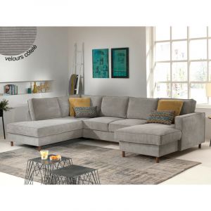 Jake canap&eacute; panoramique convertible avec coffre 7 places en velours c&ocirc;tel&eacute; gauc Couleur Gris clair