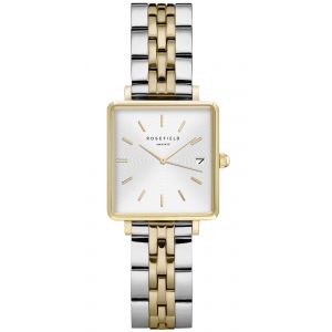 Rosefield Montre QMWSSG-Q023 - Bo&icirc;tier m&eacute;tal dor&eacute; brillant cadran blanc avec dateur bracelet acier bicolore dor&eacute; Femme