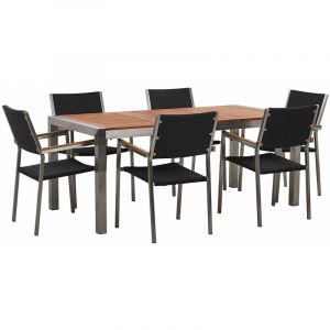 Beliani Table de jardin plateau bois eucalyptus 180 cm et 6 chaises rotin noires GROSSETO