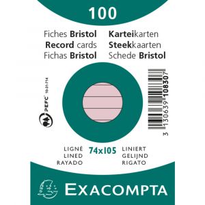 Exacompta Paquet 100 fiches bristol ligné non perforé 74x105mm Rose,