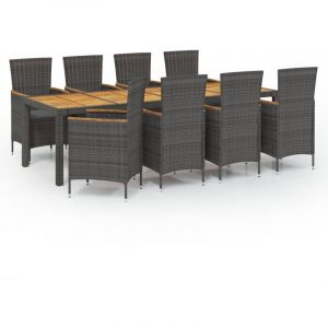 Image de VidaXL Mobilier &agrave; d&icirc;ner de jardin 9pcs et coussins R&eacute;sine tress&eacute;e Gris Gris et marron