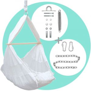 Amanka Hamac Bébé avec 100cm Chaîne - Crochet Plafond - Berceau à Ressort avec Matelas - weiss
